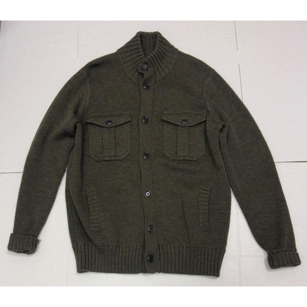 J.Crew Cardigan Mens M Olive Green 100% Wool Military Mock Neck Sweater Gorpcore